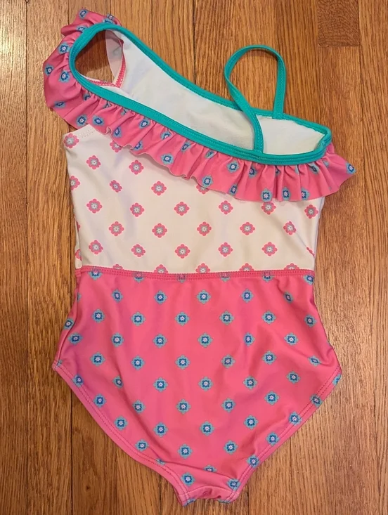 Disney Encanto Pink Floral Girls Swimsuit with Teal Trim - Picture 3 of 4